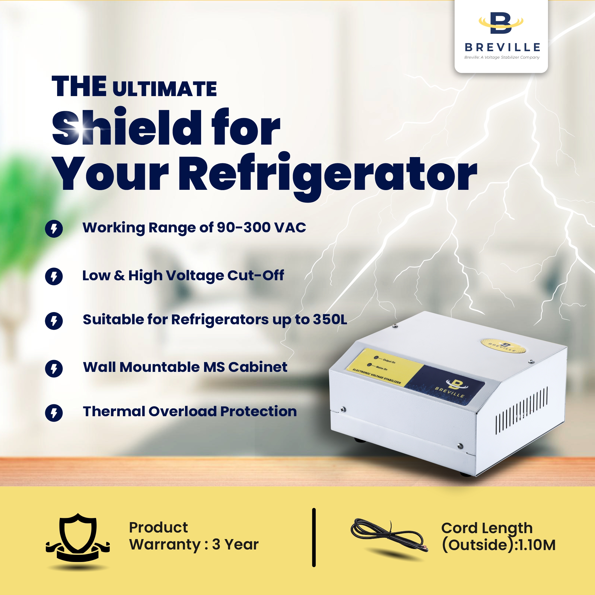 Breville Refrigerator Voltage Stabilizer for Up to 350L | 90V–300V | 3-Year Warranty - Image 3